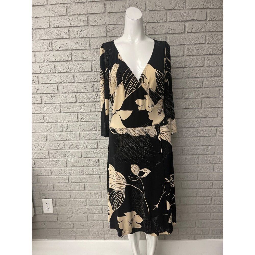 Jones New York Women Black Beige Floral Faux Wrap Dress Size 6